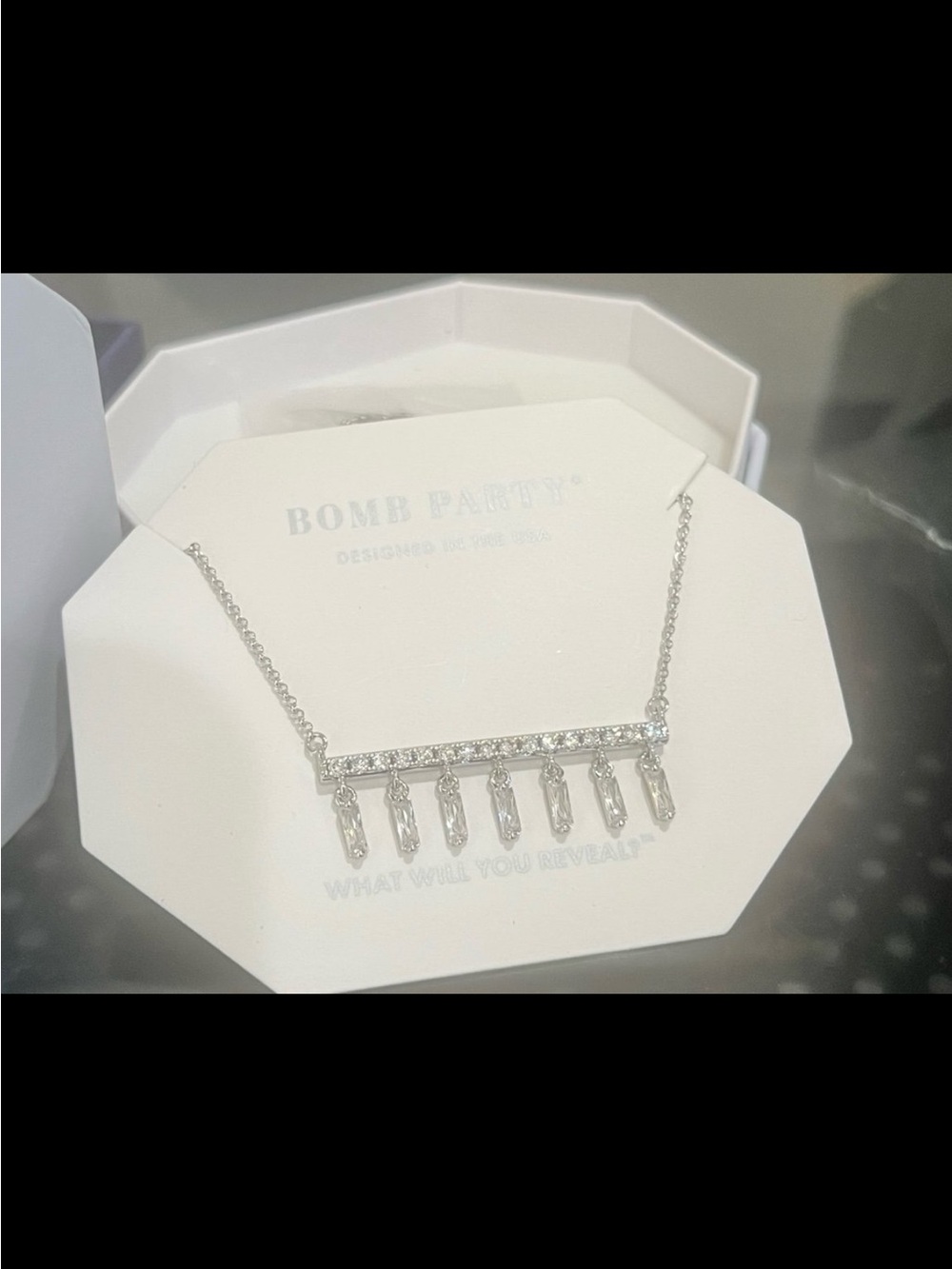 RBP4363 Fringed shimmer diamond cubic zirconia rhodium plated necklace